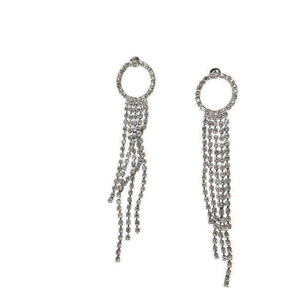 Elegant Silver Tone Rhinestone Tassel Dangle Earrings Statement Jewelry - Picture 1 of 2